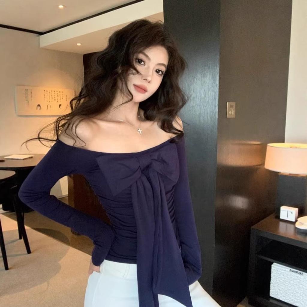 Xiaoxiangfeng Bow Long-sleeved T-shirt Women's Autumn and Winter Pure Desire One-word Shoulder Fishbone Top High-end Bottoming Shirt Inner