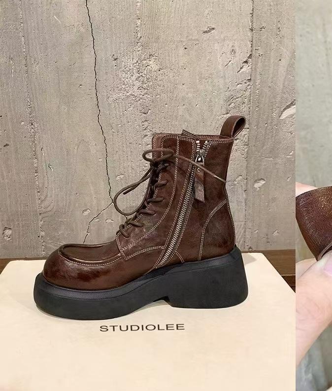 

Cowhide version~ Grape mother has the same autumn and winter new round head leather heightened thick bottom lace-up side zipper Martin boots for women 40