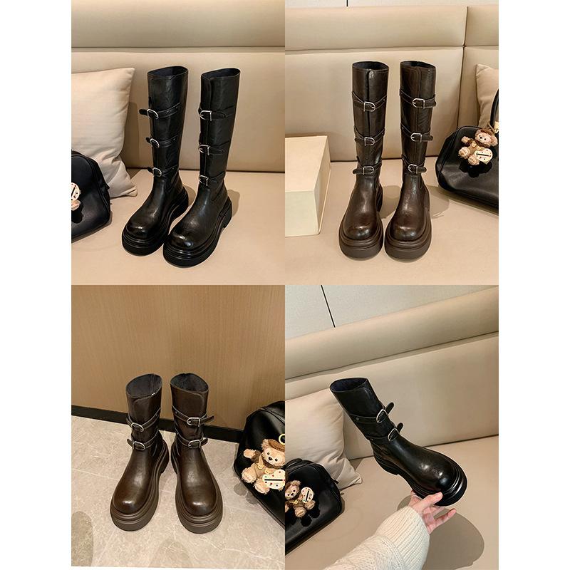 Cowhide version~ Grape mother has the same fashionable belt buckle long knight boots round head thick sole versatile medium tube short boots for women