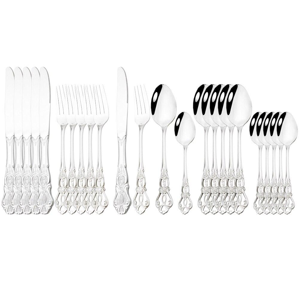 

24 шт./6 комплектов королевской посуды, набор из нержавеющей стали, винтажные ложки, вилки, ножи, домашняя кухня, западный ужин, столовое серебро, посуда, подарок серебряный