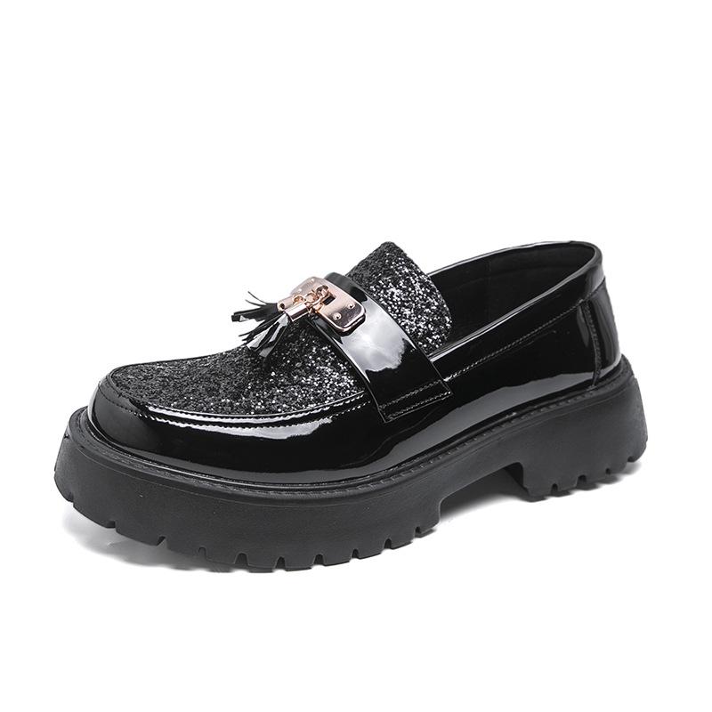 Men s Rhinestone Tassel Leather Loafers - Slip-On, Large Sizes Available 44 чёрный