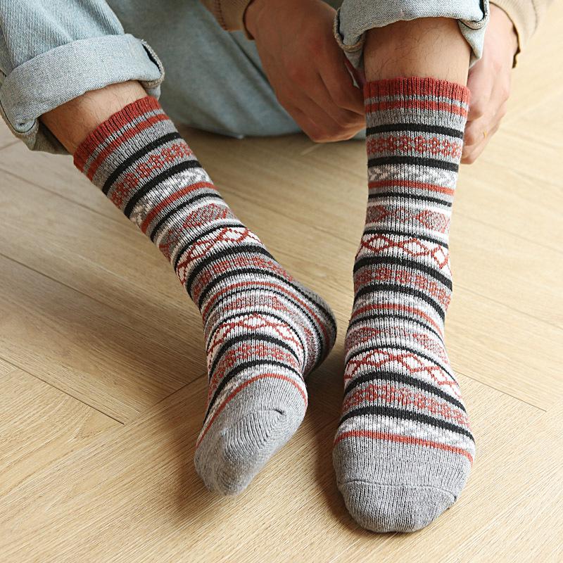 Men's Ethnic Style Double-Layer Mid-Calf Winter Socks - Warm, Thick Imitation Rabbit Wool