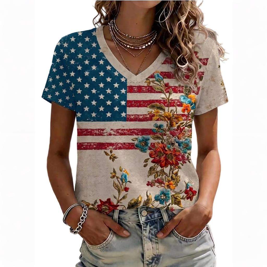 Women’s Casual V Neck Short Sleeve Pullover T Shirt with Independence Day Inspired Print and Floral Pattern for Summer Wear