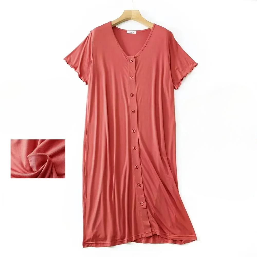 Modal Short-sleeved Mid-length Sleep Tops Night Dress with Button for Women Sleepwear Cotton Cardigan Plus Size Sleep Dress