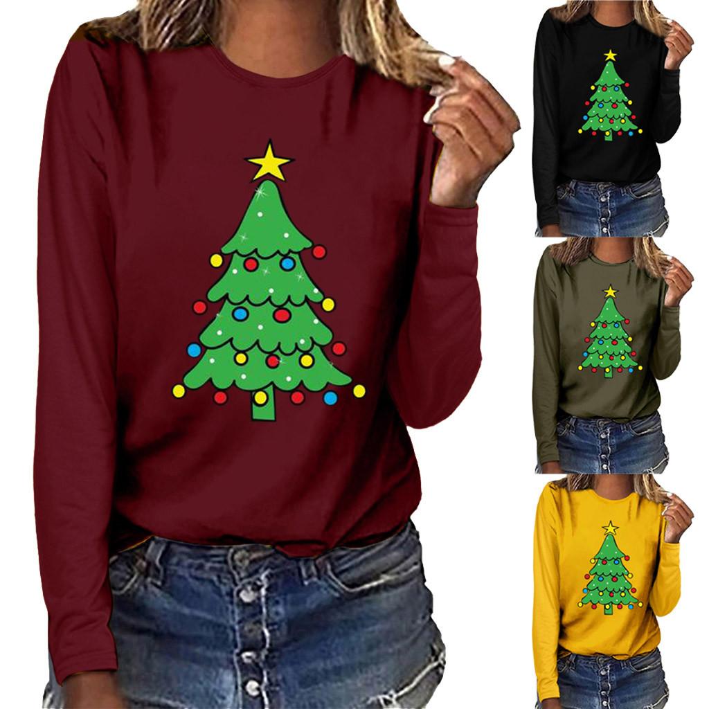 

Женский топ с рождественской елкой, повседневная толстовка с длинными рукавами, пуловер, блузка