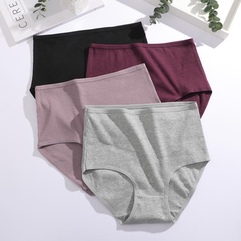 FINETOO Cotton Plus size Underwear Women's Striped High Waist Panties Sexy Elastic belt Breathable Brief 14 Colors Soft Lingerie