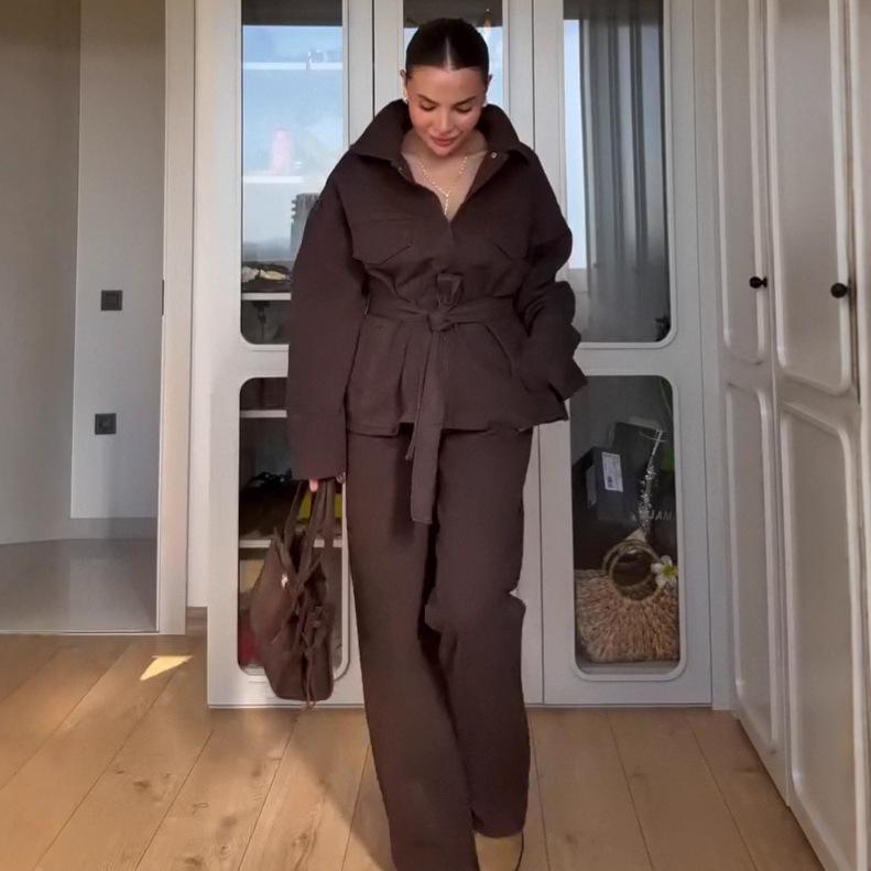2025 European Autumn Cardigan with Stand-up Collar and Belted Waist, Paired with Loose Temperament Trousers