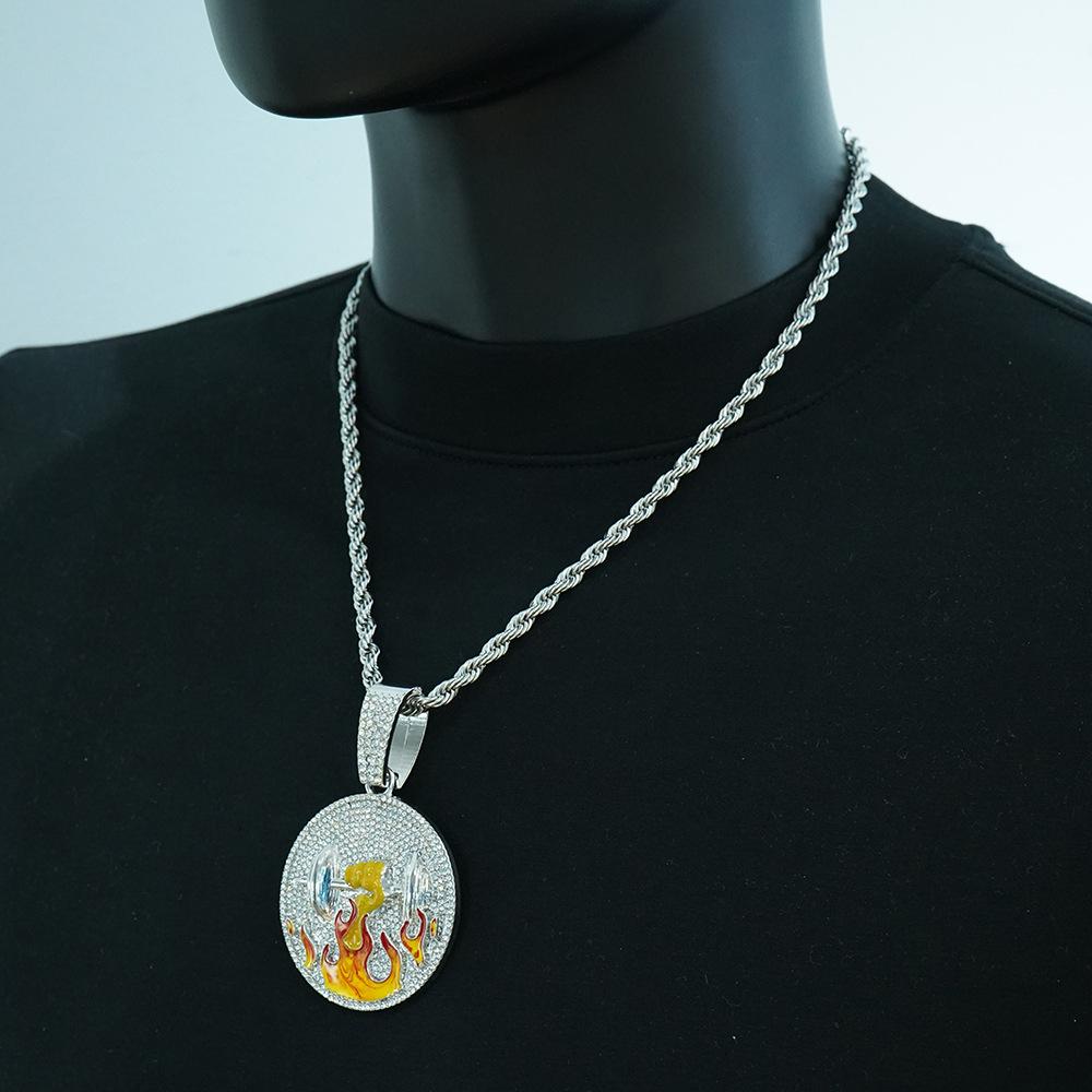 Fire and Dumbbell Fashion European and American Hip Hop Pendant As A Symbol of Power for Men's Trendy Brand Accessories