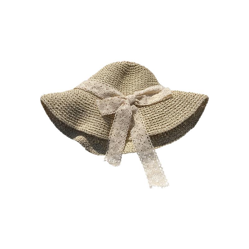 Women's Beige Woven Straw Hat Spring and Summer Japanese Style with Lace Bowknot Hollow Out Breathable Fisherman Hat