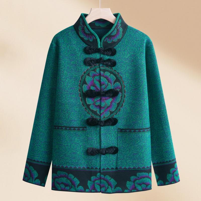 Middle-aged mother spring and autumn velvet natal year top the elderly grandmother spring women's knitted sweater Chinese New Year jacket