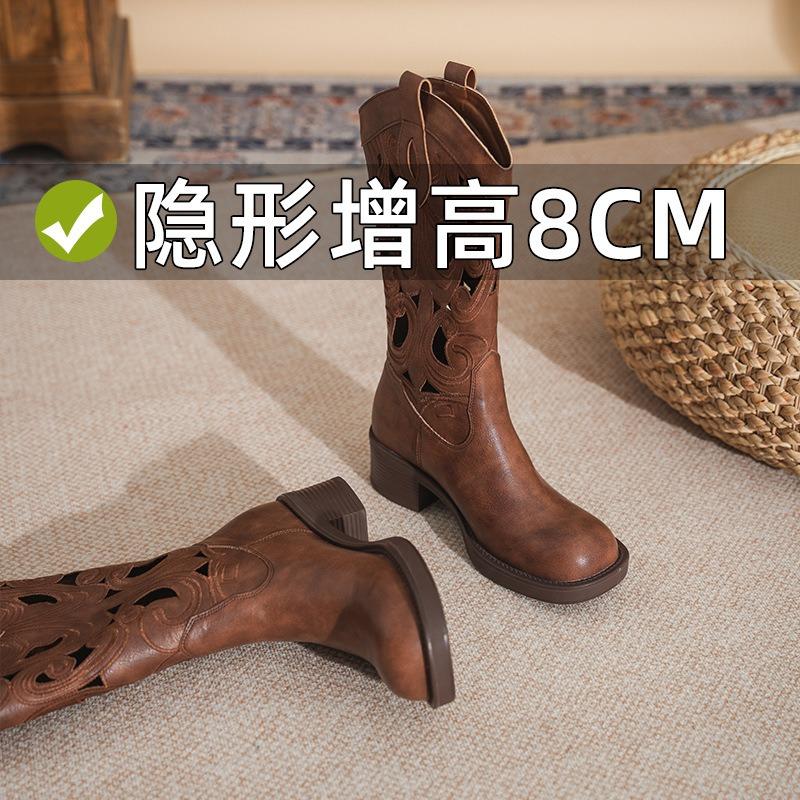 Embroidered retro western cowboy boots hollow summer thin boots women's summer breathable fashion boots medium tube knight boots