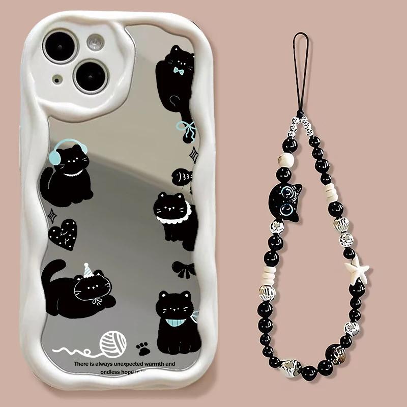 Cute Mirror Black Cat Lanyard Chain Case For Xiaomi Redmi 15 15C 14C 13C 12C 13 12 A5 Note 12 13 14 Pro Plus 5G 11S 10 11 Pro 4G