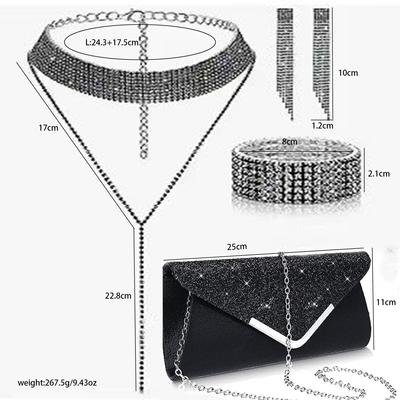 Set di moda, collana, diamante, nicchia, orecchini geometrici con nappe, bracciale, borsa da pranzo, set da quattro pezzi da donna