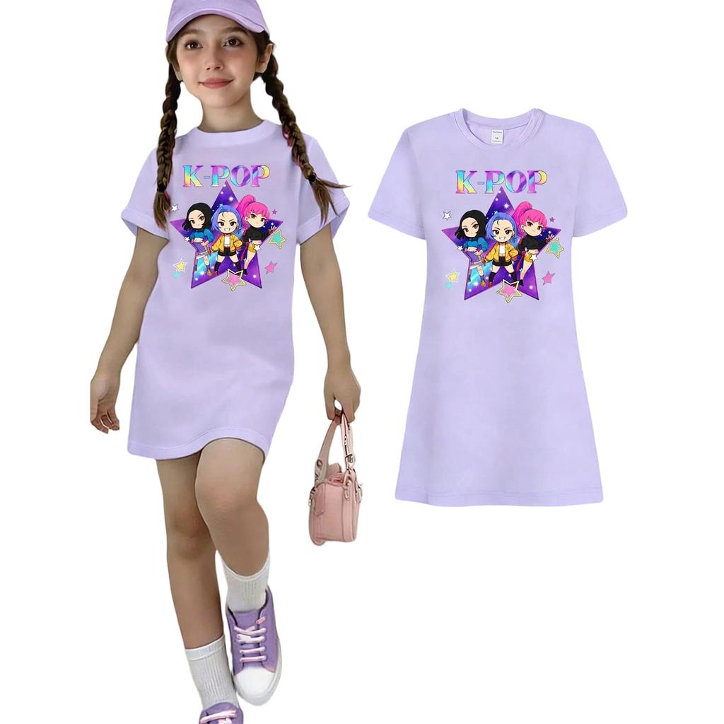 Girls Print Casual Dress Kids Loose Round Neck Short Sleeve Thin Sundress