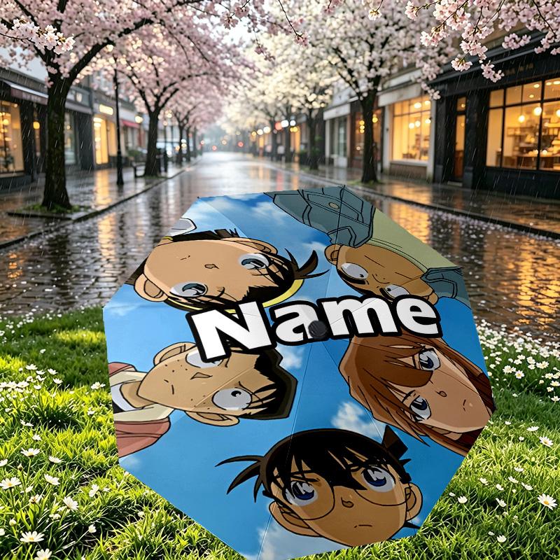 Custom Name Personalized Detective Conan Print Umbrella, Auto Open Close, 8‑Rib Sturdy Frame, Commute Camping Hiking Use, Birthday Gift