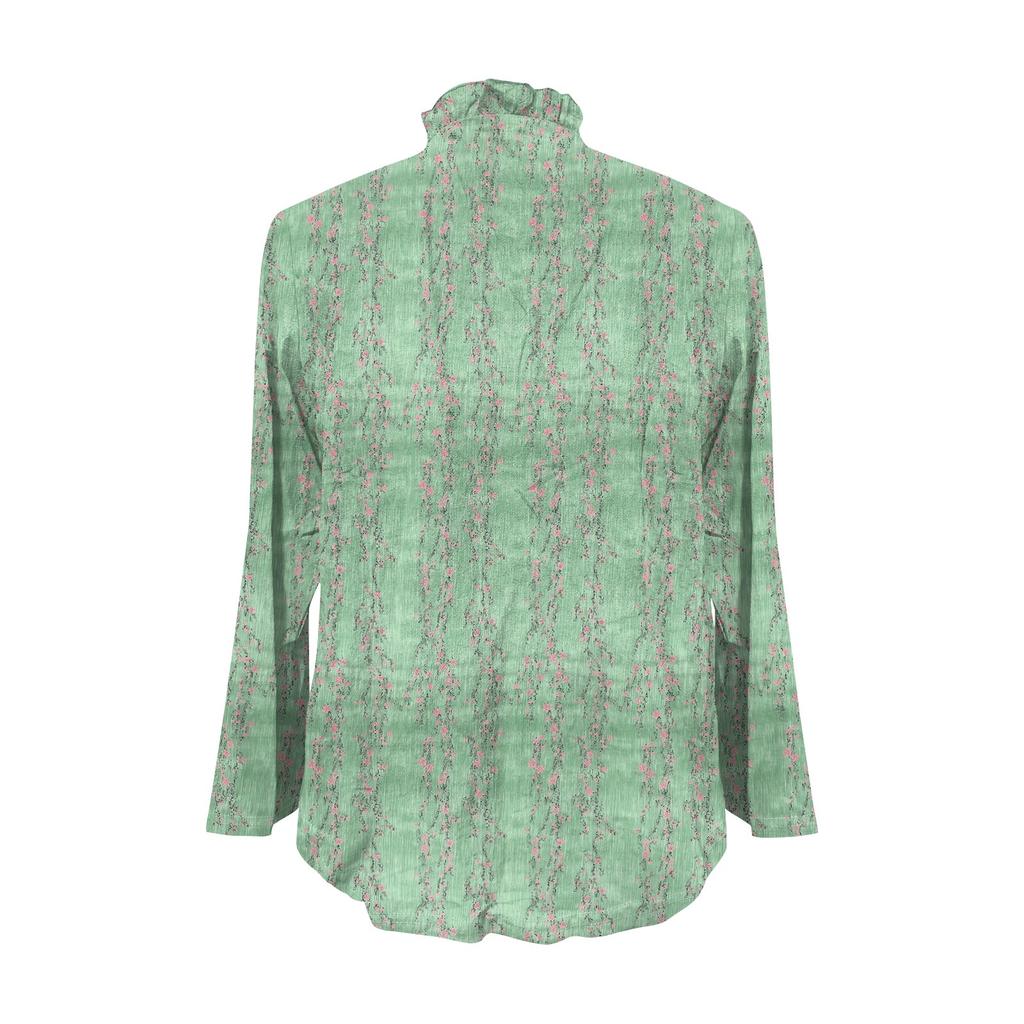 Women's Loose Ruffled Retro Floral Print Stand Collar Long Sleeve Cotton And Linen Top