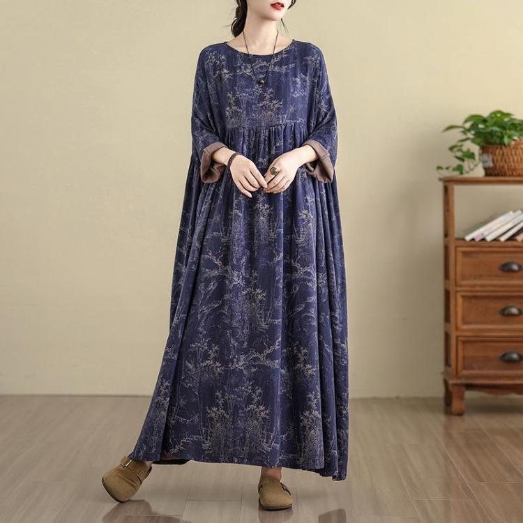 Vintage Floral Print Plus Size Women Long Sleeve Oversize Maxi Dress Loose Casual Spring Long Dress Basic