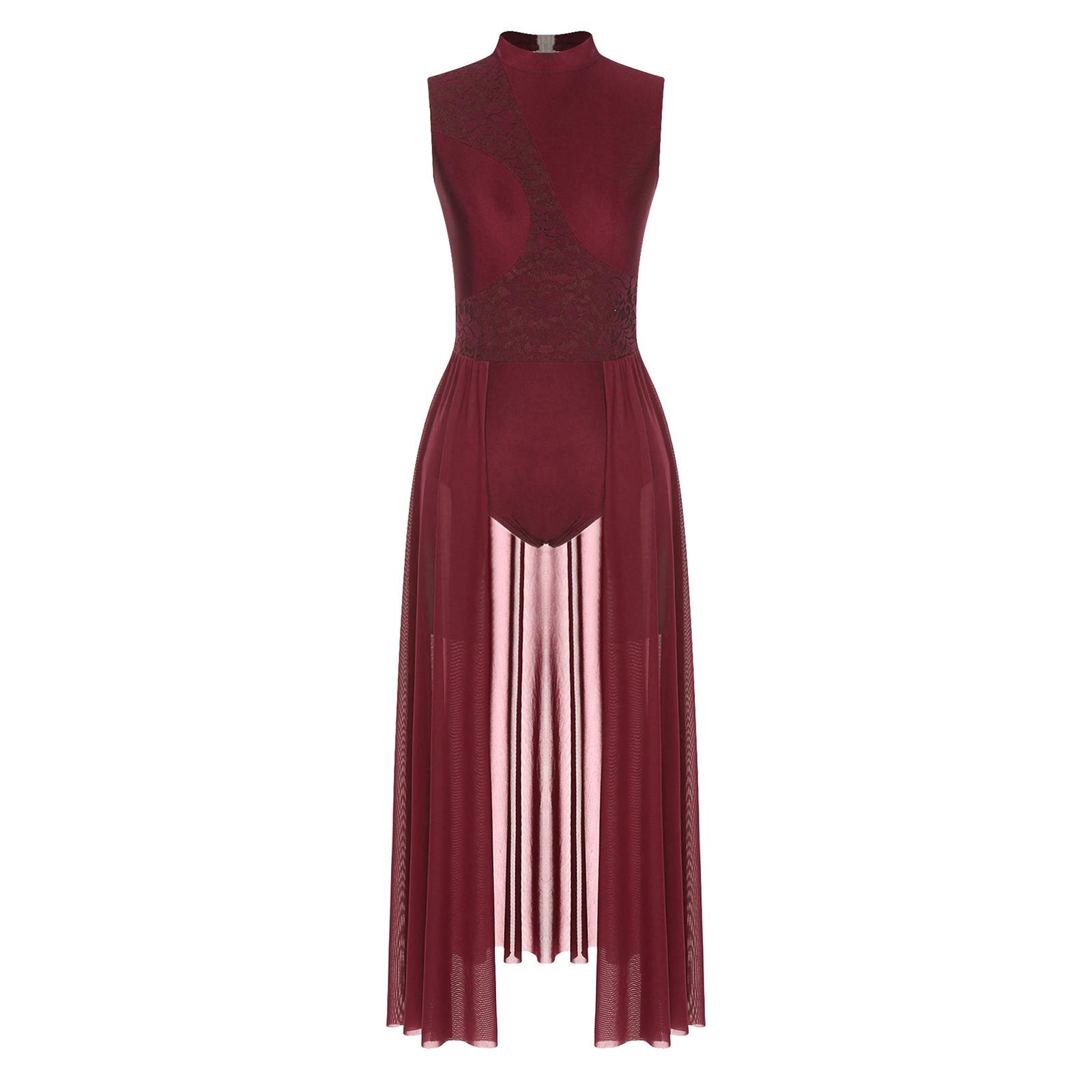 Inlzdz Dames Bloemenkant Lyrisch Dansjurk Mock Neck Open Rug Mouwloze Turnpakje Podium Performance Kostuum bordeaux