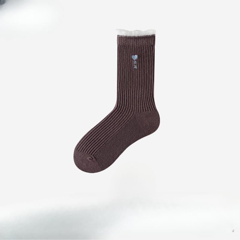 Spring and Autumn Thin Socks for Women, Sweet Lace Lace Cotton Mid-calf Socks, Embroidered Heart Letters, Pile Socks for Women