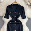 New Summer Women Lapel Knitted Sweater Solid Dress Short Sleeve Sheath Bodycon Mini Party Dresses