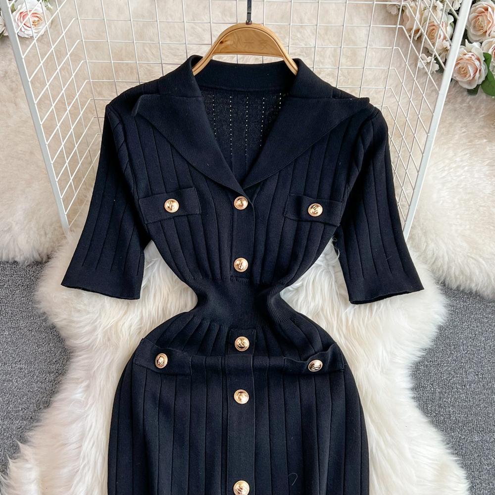 New Summer Women Lapel Knitted Sweater Solid Dress Short Sleeve Sheath Bodycon Mini Party Dresses