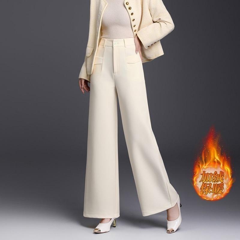 Woolen Wide-leg Pants Women In Autumn Winter New Style Plus Velvet Loose High-waisted Slim Straight Trousers