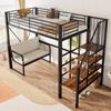 Etagenbett (90 x 200) mit stabilem Metallrahmen, abnehmbarem Polstersofa, Stauraum und Sicherheitstreppe. Geeignet für Kinder und Erwachsene. Schwarz.