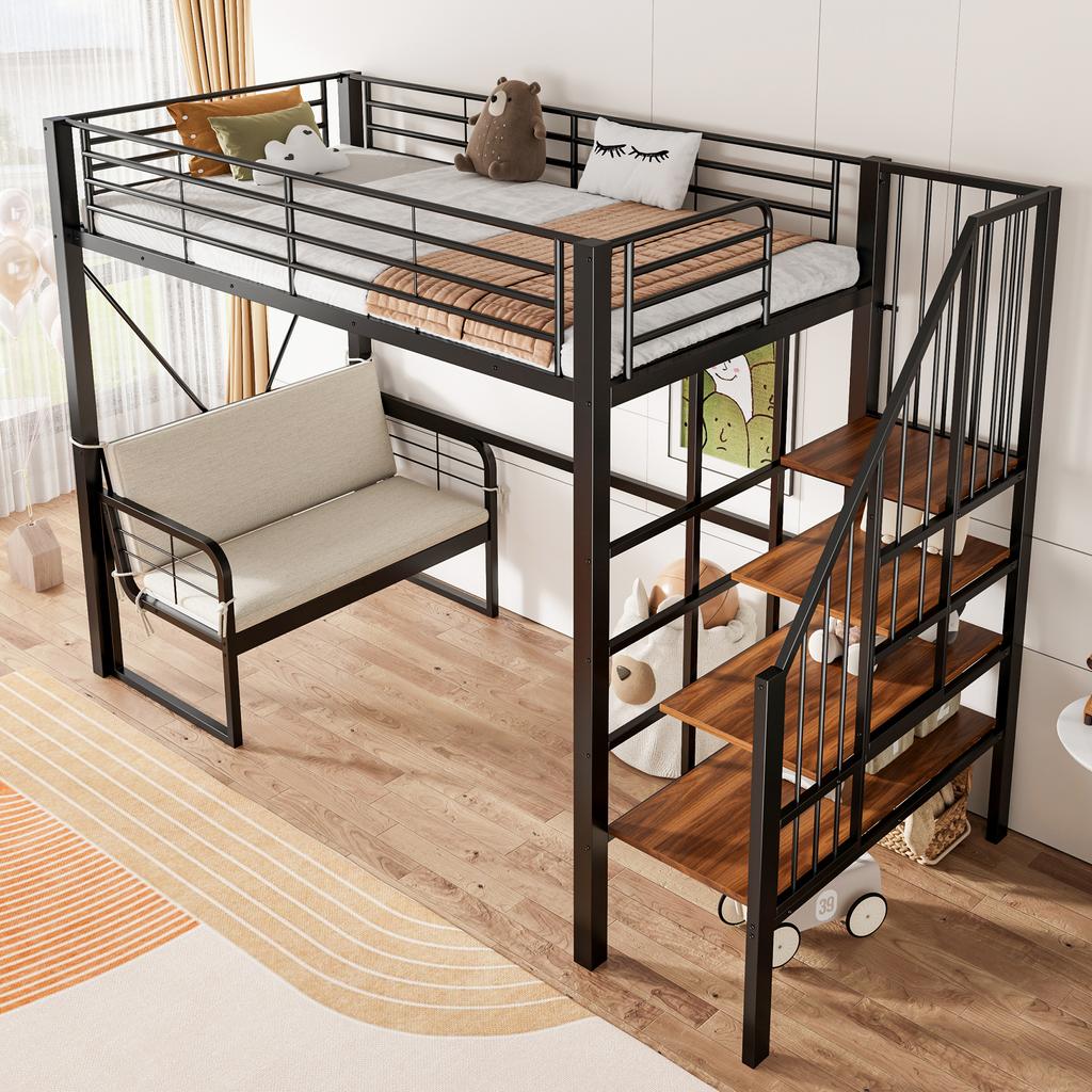 Etagenbett (90 x 200) mit stabilem Metallrahmen, abnehmbarem Polstersofa, Stauraum und Sicherheitstreppe. Geeignet für Kinder und Erwachsene. Schwarz.