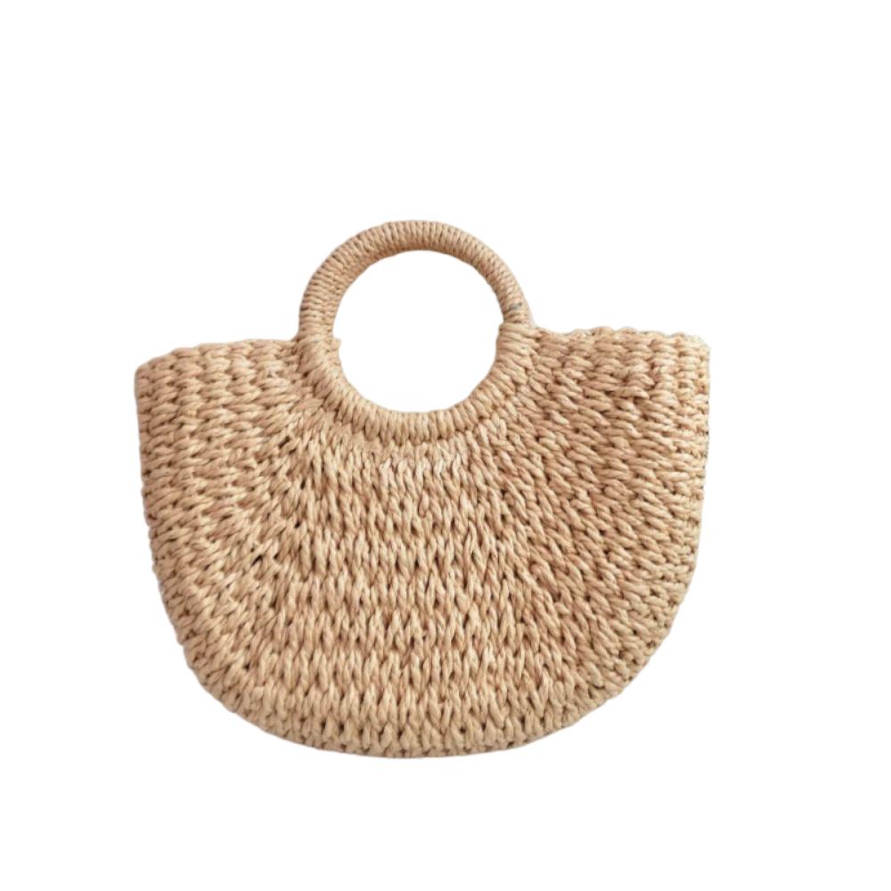 Half-Moon Shape Straw Woven Handbag Solid Color Women Weaving Handbag Simple Shopping Bag  Female 24x18cm