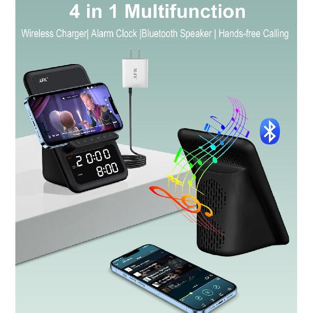 AFK Wireless Charging Station with Bluetooth Speaker and Alarm Clock,Wireless Charger Compatible with iPhone,Android Phones(Black)