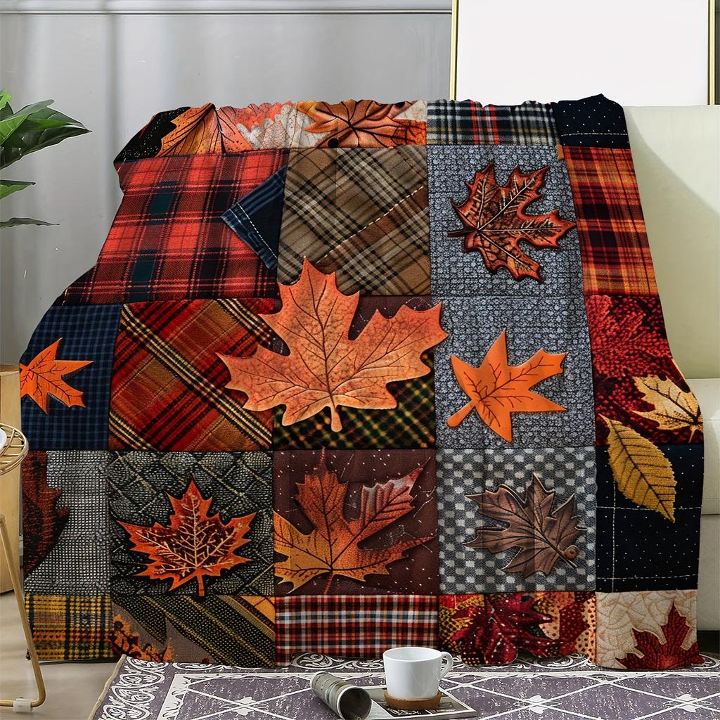 1Pc Autumn - Themed Patchwork Throw Blanket With Maple Leaf Patterns, Ideal For Adding A Festive Fall Touch To Home Decor