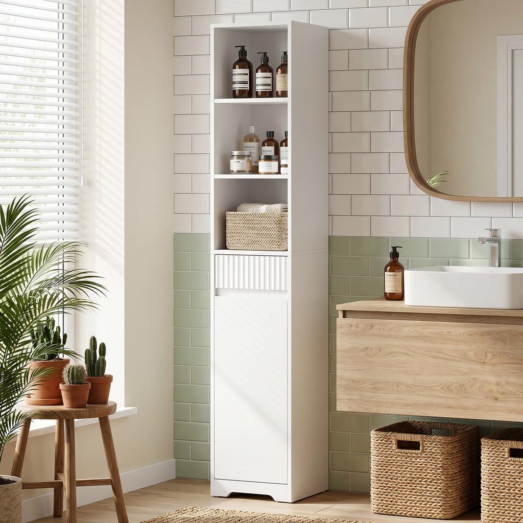 Tall Bathroom Cabinet, Door, Drawer, Open Compartments, Adjustable Shelf, White