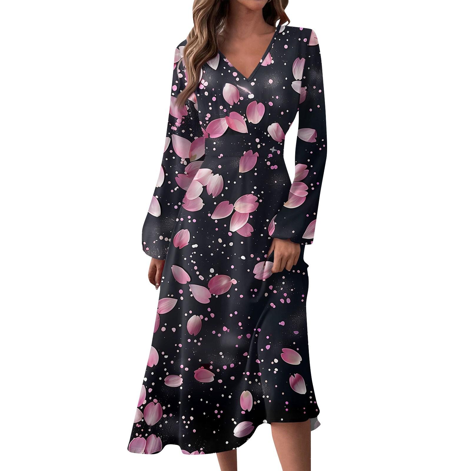 Women s  And Winter Casual Fashion V-neck Long Sleeve Print Long Dress XL чёрный