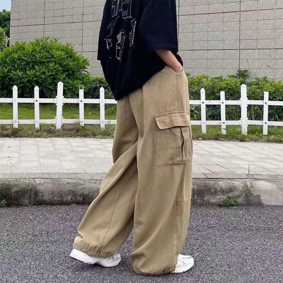 Harajuku Streetwear Khaki Cargo Kalhoty Ženy Oversize Kapsy Hip Hop Černé široké kalhoty pro ženy Korejka