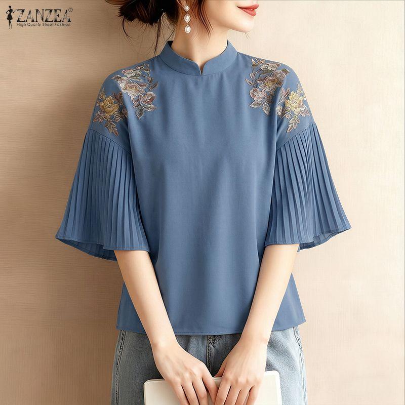 ZANZEA Women Casual Stand Collar Loose Pleated 3/4 Sleeve Print Blouse