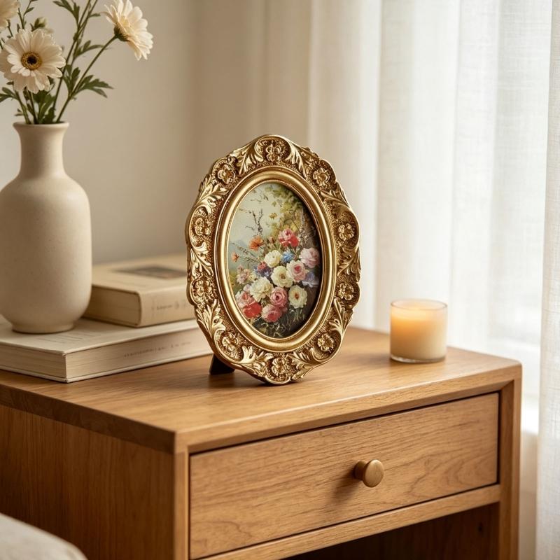 Antiker Präge Ovaler Foto Rahmen Harz Florale Relief Porträt Bilderhalter für Tischaufstellung und Wandakzent