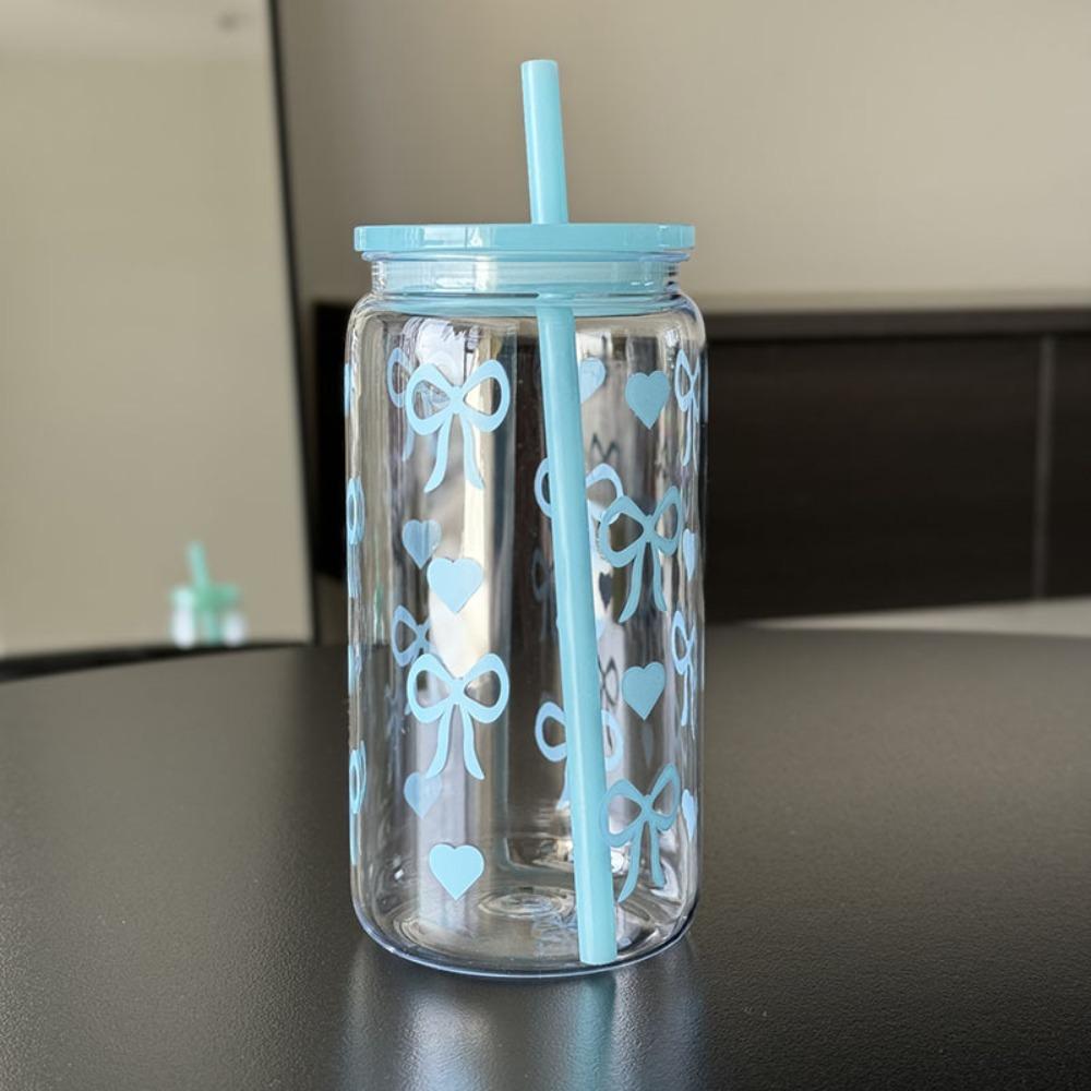Simple Plastic Water bottle 500ml Bowknot Pattern Aesthetic Tumbler Cup Heat-resistant Large Capacity Milk Tea Cup for Students