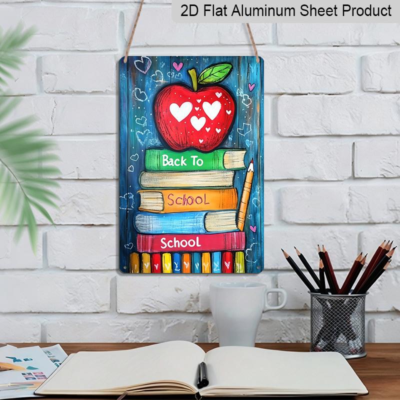 2D Flat, 1pc Rustic Style "Back To School" Metal Wall Art Sign with Apple & Book Stack - 8*12 Inch Aluminium Classroom Decor, Colorful Hand Drawn