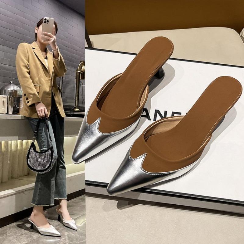 Fashion Elegant Pointed Stitched Heart-shaped High Heels Mule Slippers Women's 2025 Silver Black Brown Shoes Luxury Designer High Heels