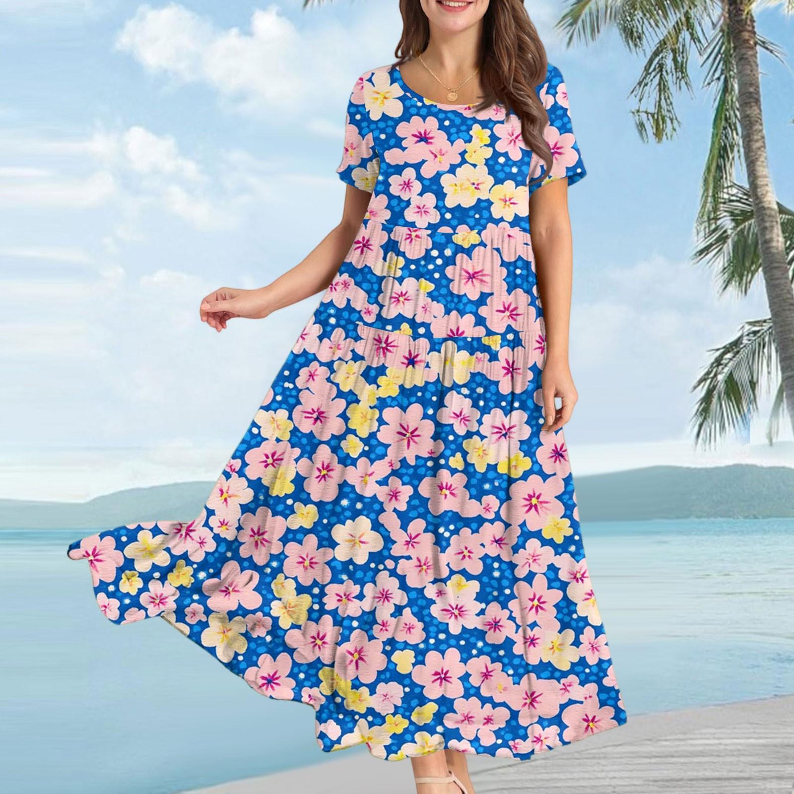 Women s Casual Loose Bohemian Floral Print Short Sleeve Dress L синий