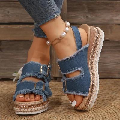 Modische Denim-Slipper Damenschuhe Rutschfest Bequem Sommer-Slipper Slides Outdoor Strand Freizeitschuhe Damensandalen Hohe Absätze