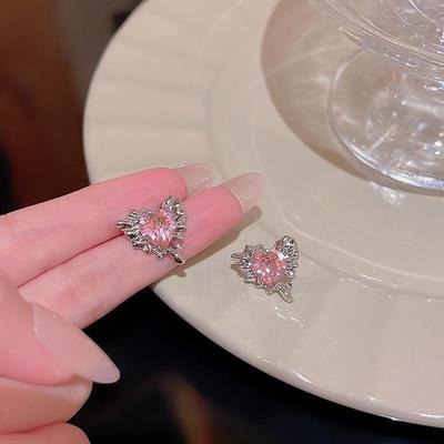 925 Silberstift Rosa Zirkon Herz Ohrringe - Süßer Cooler Stil mit Unregelmäßigem Pfirsichherz-Design für Frauen