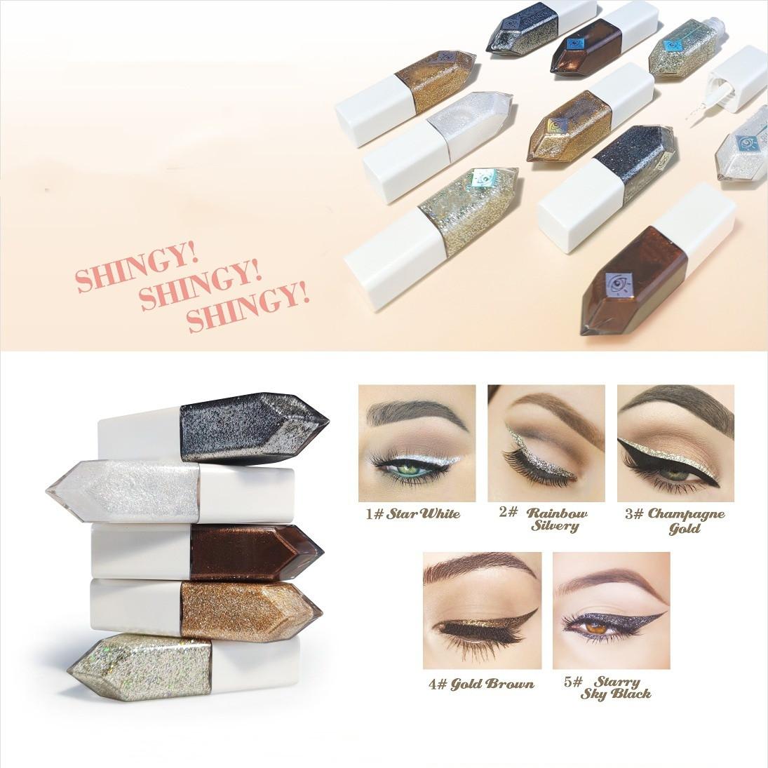 

Тени для век Перламутровые алмазные тени для век Жидкие 5-цветные блестки для макияжа Гладкая мини-тонкая кисть Подводка для глаз Блеск и голова