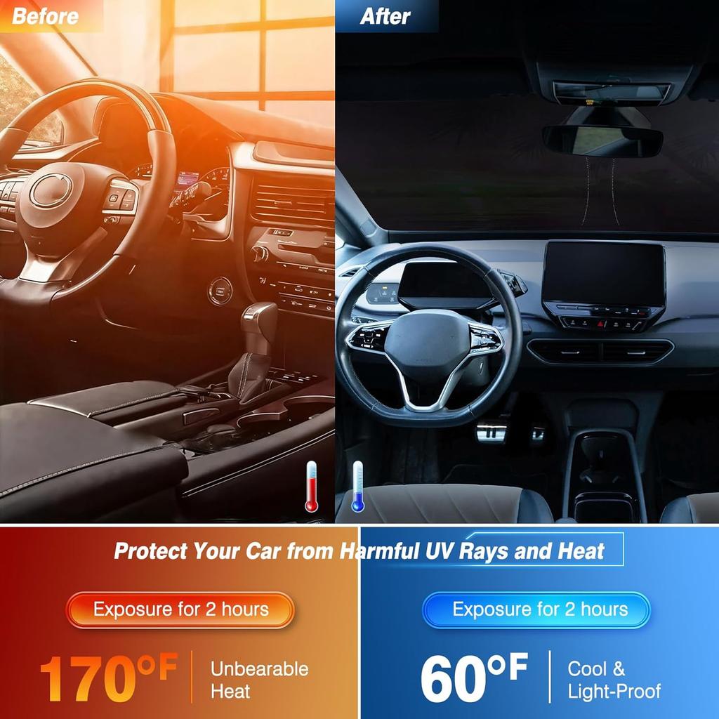 Windshield Sun Shade - Car Sun Shade Windshield Keeps Interior Cool, Foldable Sunshade for Car Windshield with Storage Bag for Cars, SUVs, 55'' X
