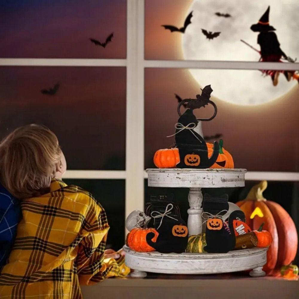 3pcs Atmosphere Decoration Wooden Halloween Black Cat Ornament Cute Decorative Cat Sculpture Vivid Animal Statue Farmhouse