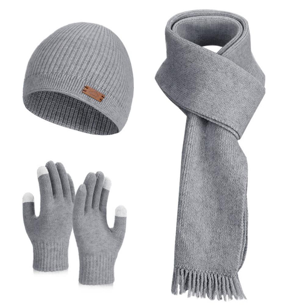 3 Piece Set Knit Beanie Hat Soft Plush Material Windproof Beanies Cap Hat Scarf Gloves Set  For Men