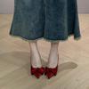 Bridesmaid shoes side empty high heels elegant bow feeling pointed temperament