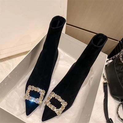 Fashion Autumn New Thin Heel Single Boots Women's Fashion Pointed Rhinester Buckle Suede Temperament Short Boots