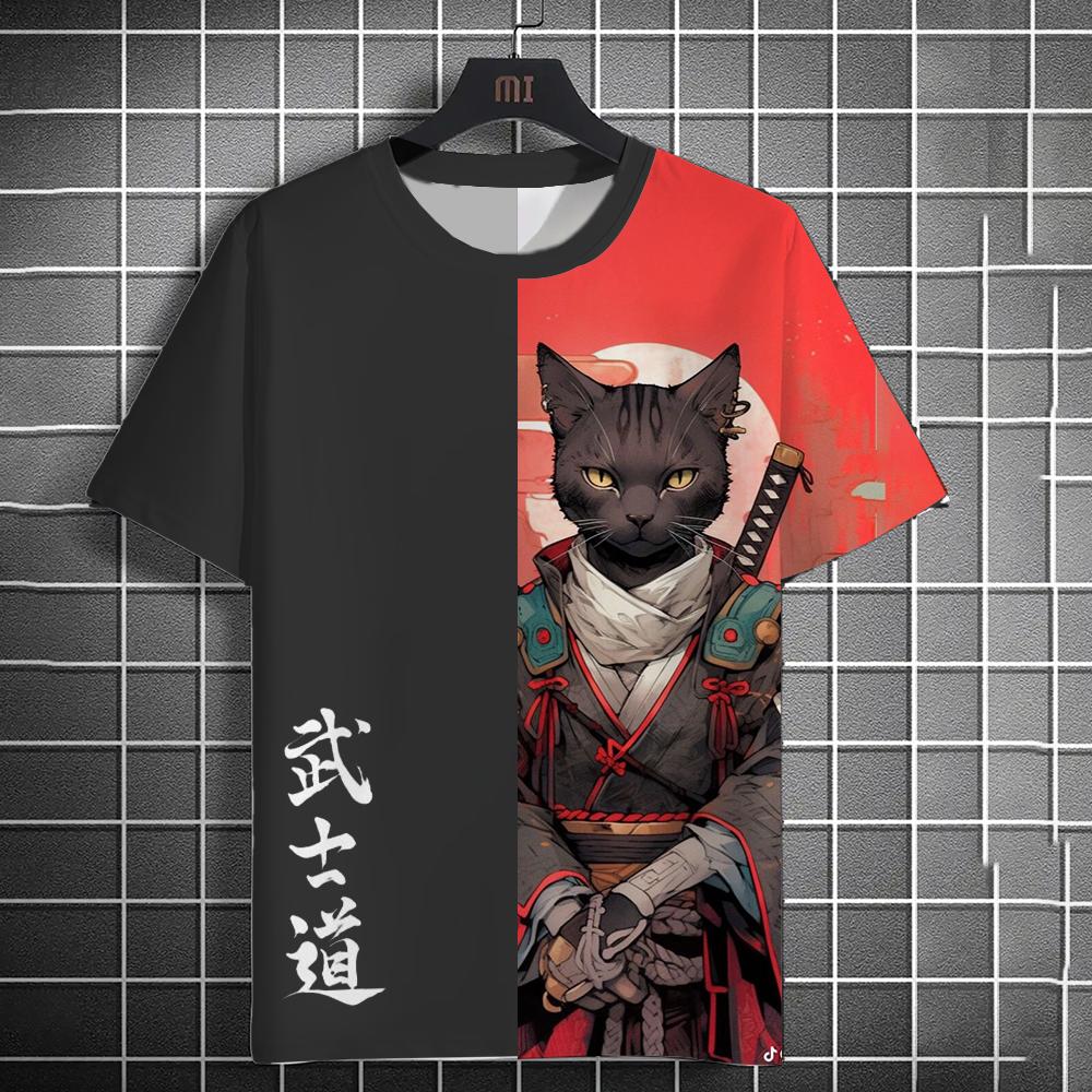 Bushido Animal Cat Samurai Print Men's T-shirt Summer Short Sleeve T-shirt Men's Retro Men's Tops Casual Men's Loose T-shirt