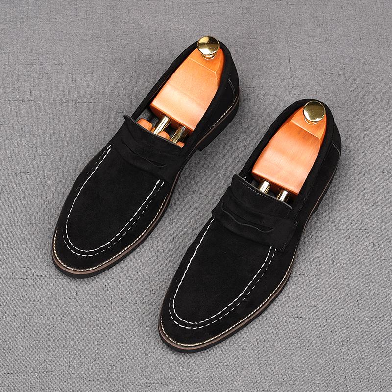 New Men's Pointed Slip On Suede Leather Business Flats Shoes Male Designer Penny Loafers Homecoming Wedding Dress Footwear